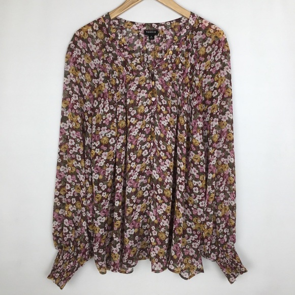 Torrid Crinkle Chiffon Smocked Floral Blouson Sleeve Blouse Size 2X Peasant Top - Picture 7 of 16